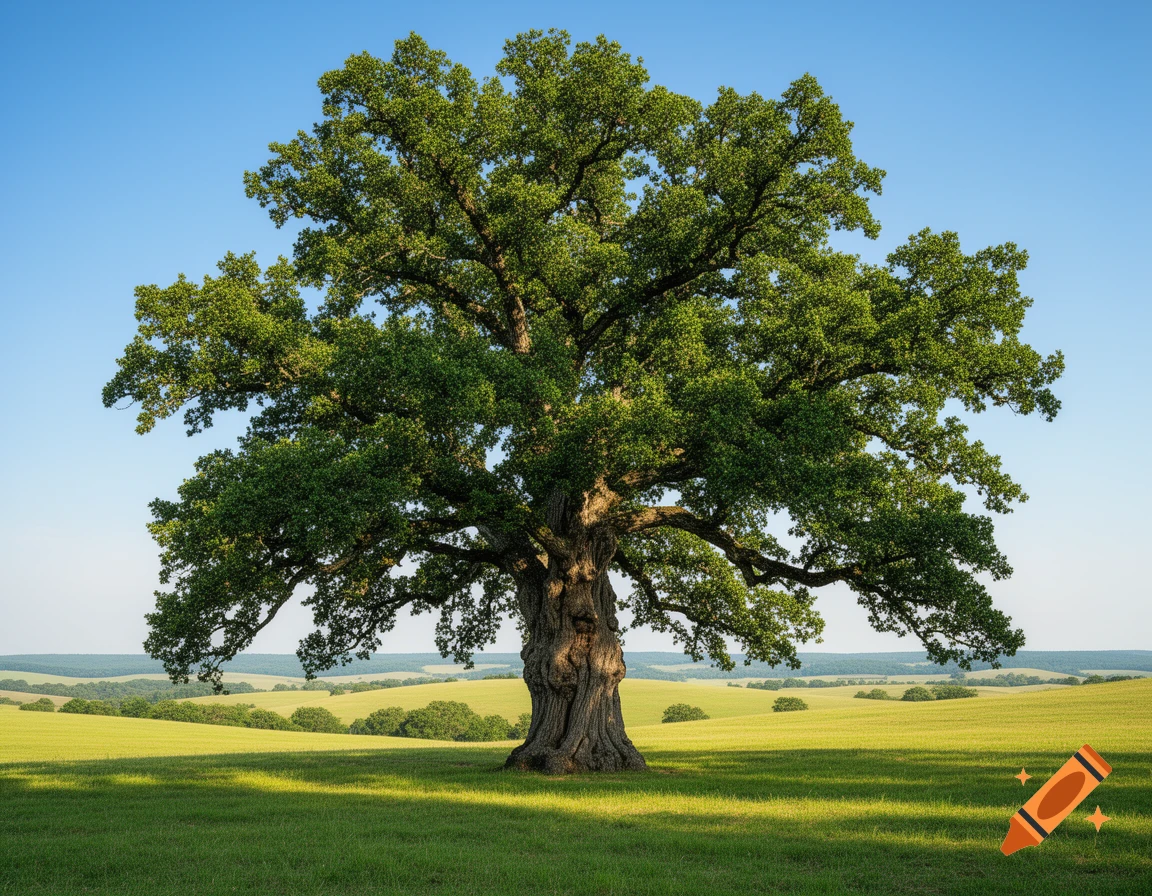 A large, ancient oak tree with lush green foliage stands alone in a ...