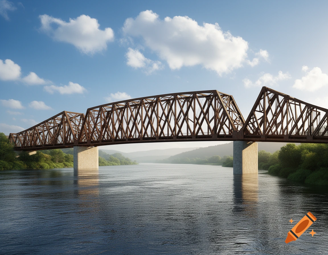 A photorealistic truss bridge spans a wide river with lush green banks under a blue sky with white clouds.