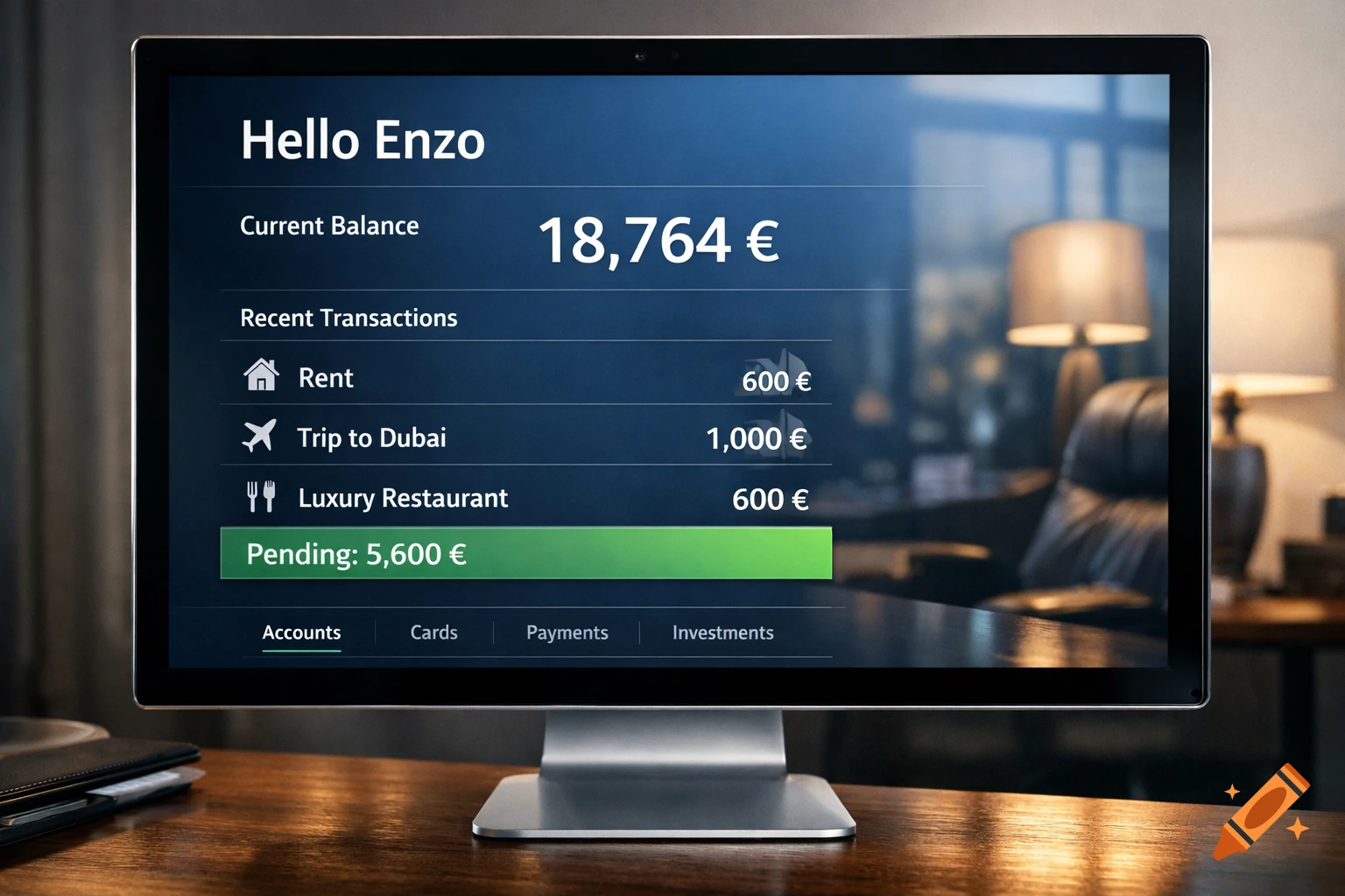 Close-up of a computer monitor displaying a banking app with a 18,764 € balance, recent transactions, and a 5,600 € pending amount.