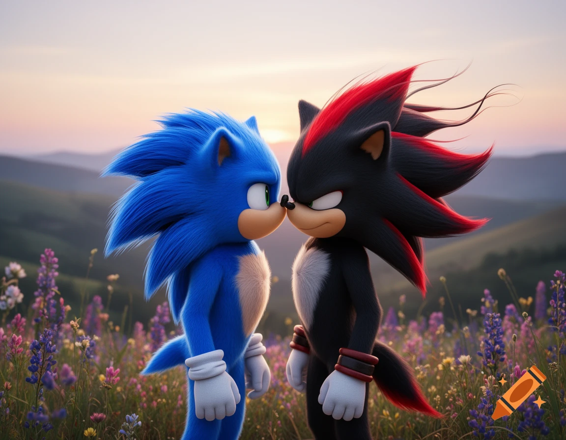 Sonic the Hedgehog and Shadow the Hedgehog nose-to-nose in a field of wildflowers at sunset, rendered in a detailed CGI style.