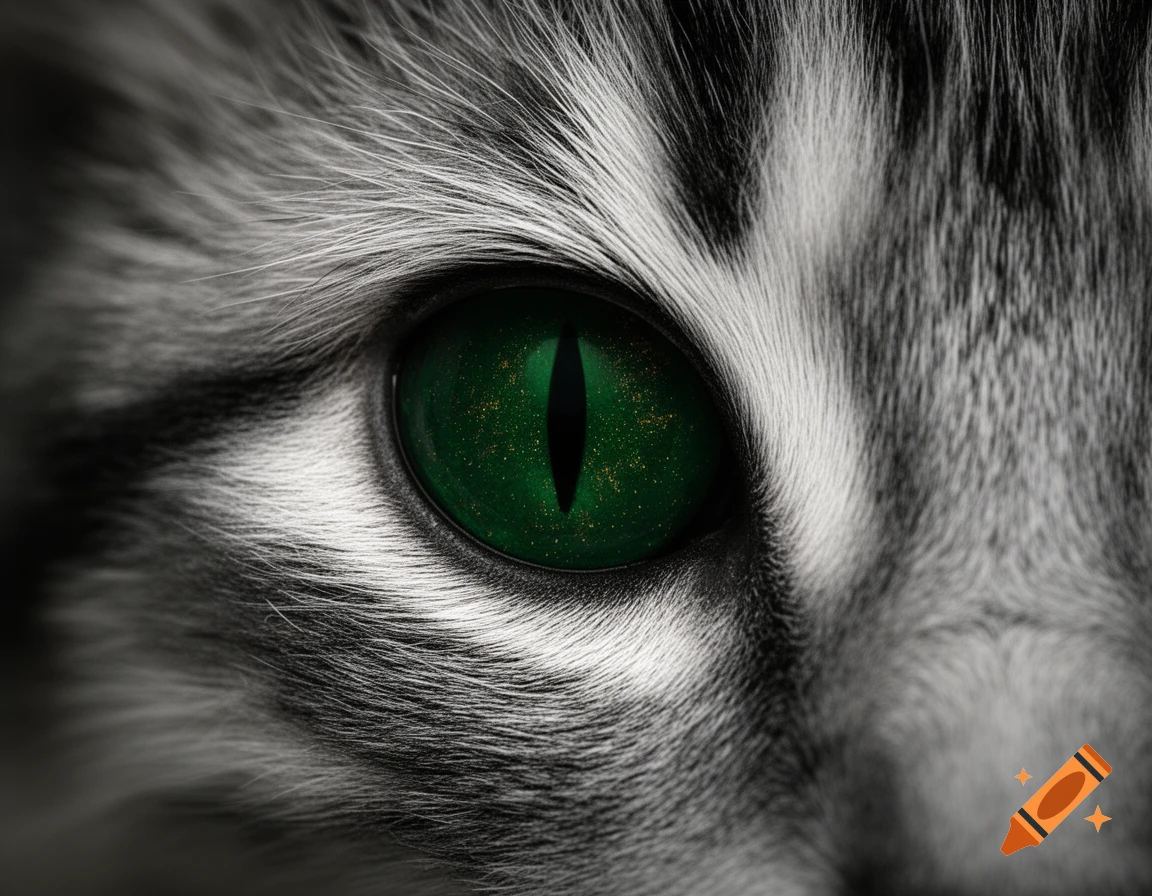 Extreme close-up of a cat's vibrant green eye with a vertical pupil, surrounded by detailed black and white fur.