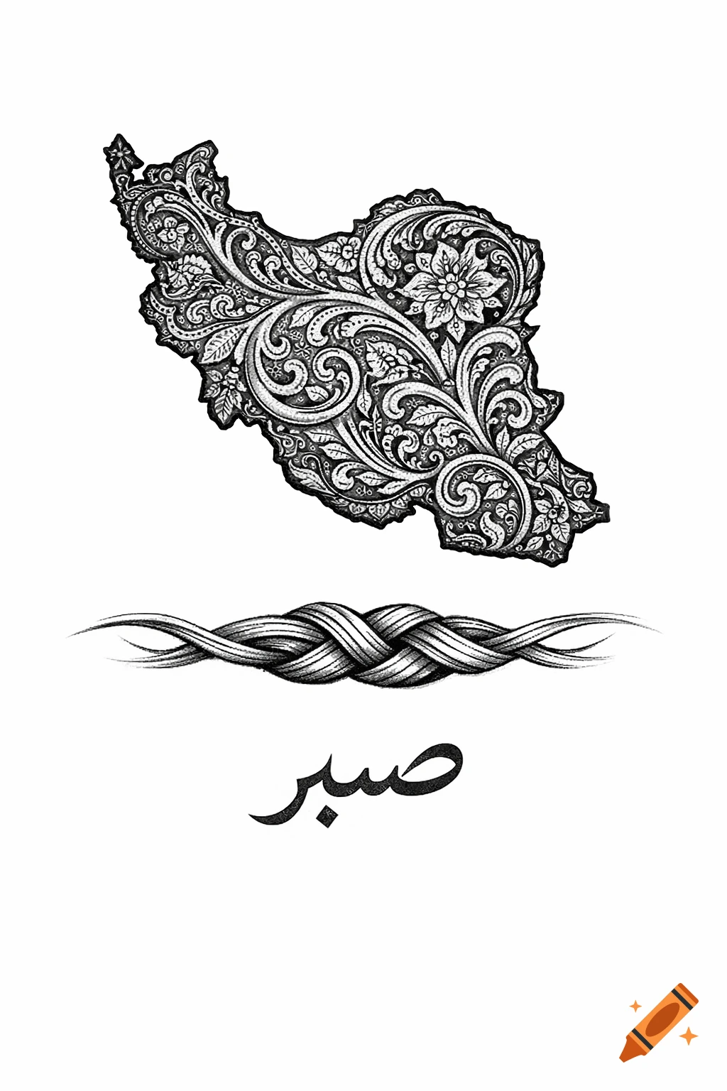 Black and white intricate illustration of the map of Iran, a woven band, and the Arabic word 'sabr'.