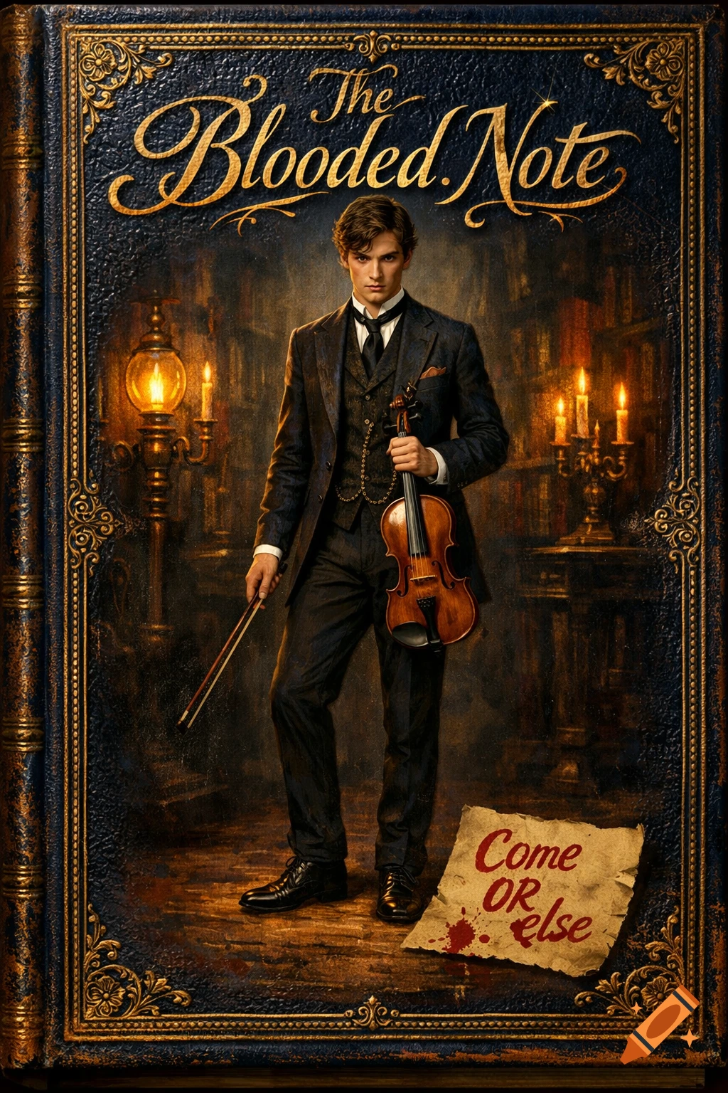 A dapper Victorian man with a violin and bow on an ornate book cover titled 'The Blooded Note', with a bloody note 'Come OR else' at his feet.