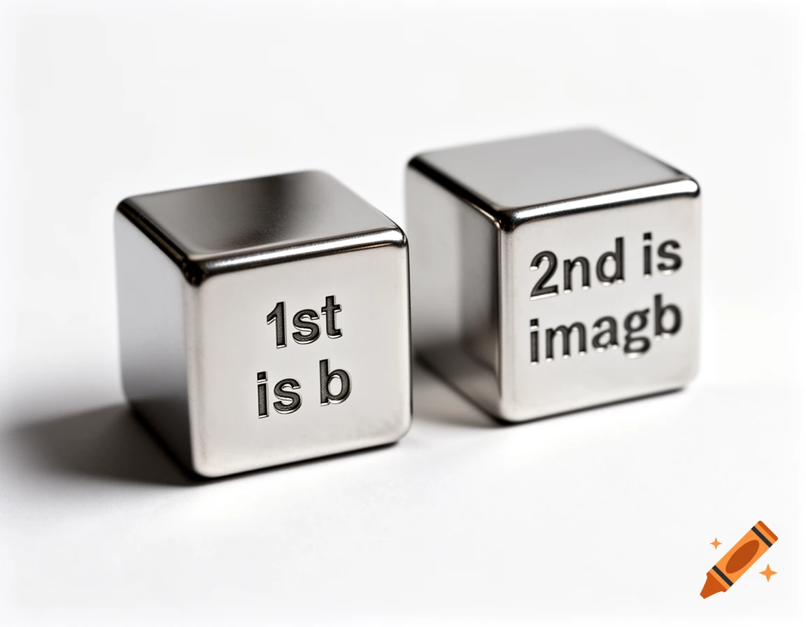 Two shiny metallic cubes on a white surface, one reading '1st is b' and the other '2nd is imagb'.