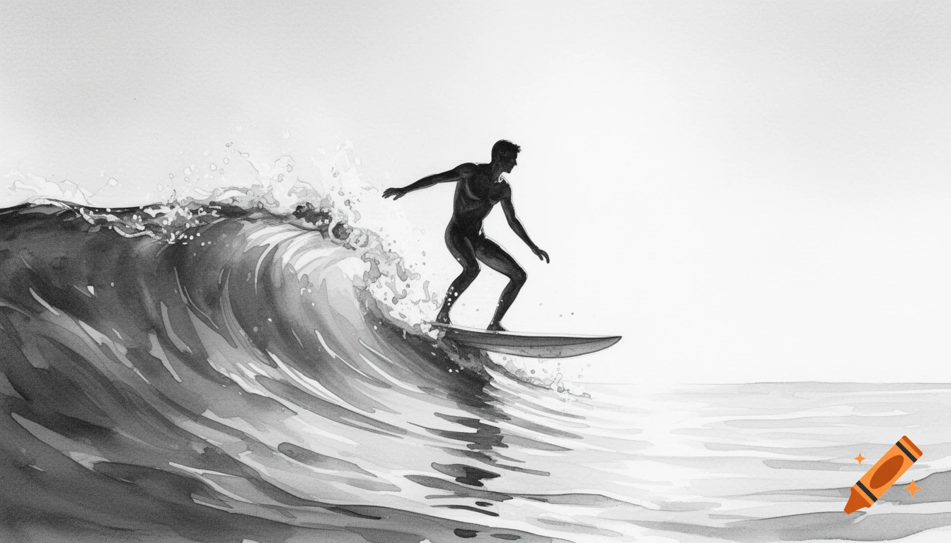 A minimalist black and white watercolor of a surfer balancing on a large wave.