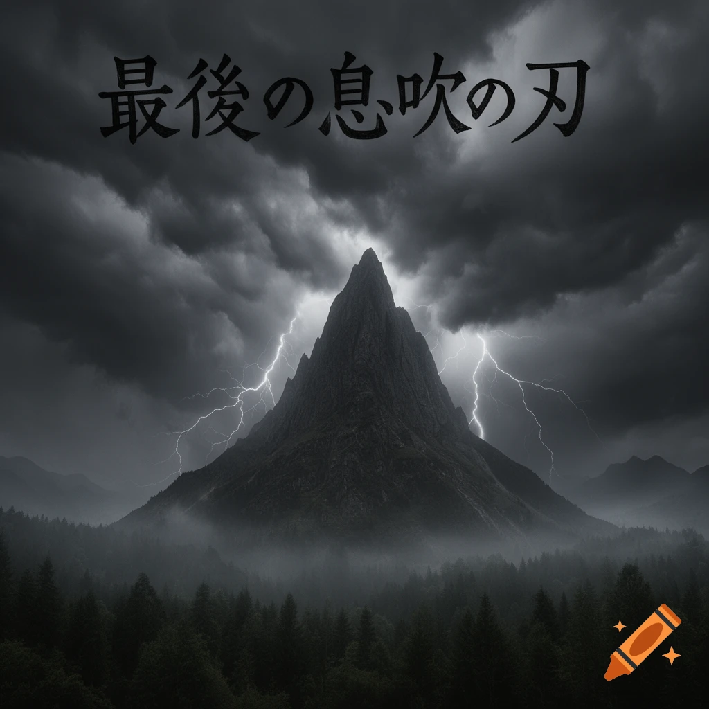 A dark, jagged mountain stands amidst a stormy sky with lightning, surrounded by mist and forest, with Japanese text at the top.