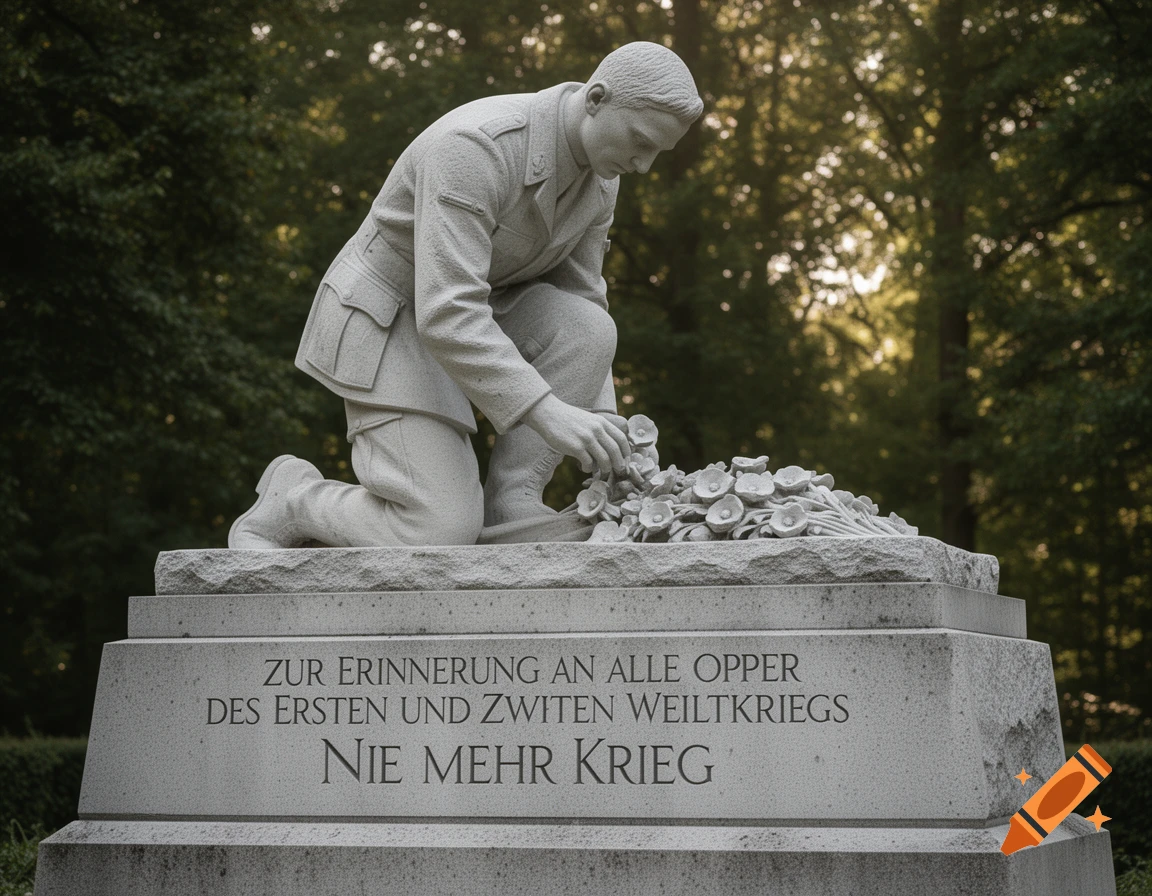 A photorealistic stone sculpture of a soldier in uniform kneeling at a memorial, placing poppies. Text reads "NIE MEHR KRIEG".