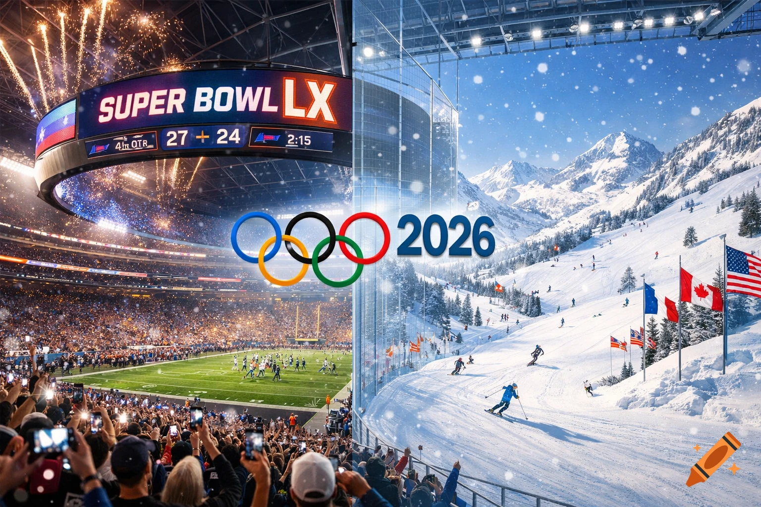 A split image showing a lively Super Bowl stadium with fireworks and a scoreboard, juxtaposed with a snowy mountain ski slope with Olympic rings and '2026'.