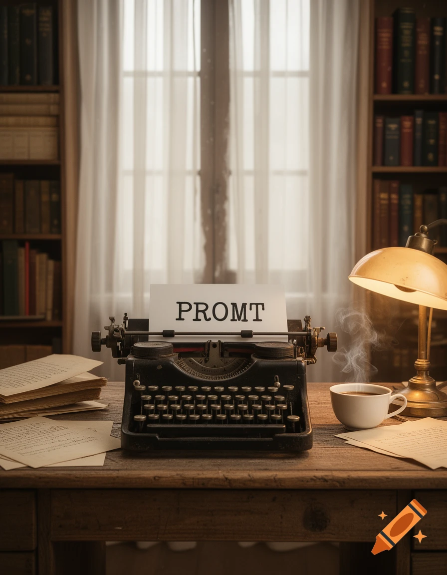 A vintage black typewriter with "PROMT" typed on a paper sits on a wooden desk, next to a steaming coffee cup and a lit brass lamp, in a cozy, book-lined room with a window.