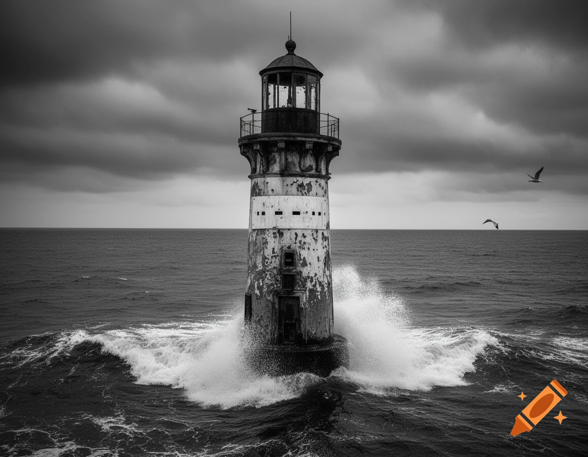 Black and white photorealistic image of a weathered lighthouse amidst crashing waves in a stormy sea under dark clouds, with two seagulls.