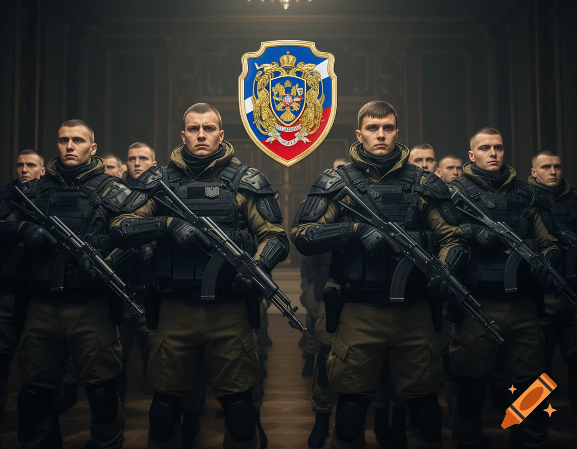 A lineup of stoic soldiers in tactical gear holding rifles, with a large, ornate coat of arms featuring a double-headed eagle floating centrally above them in a dark, grand hall.