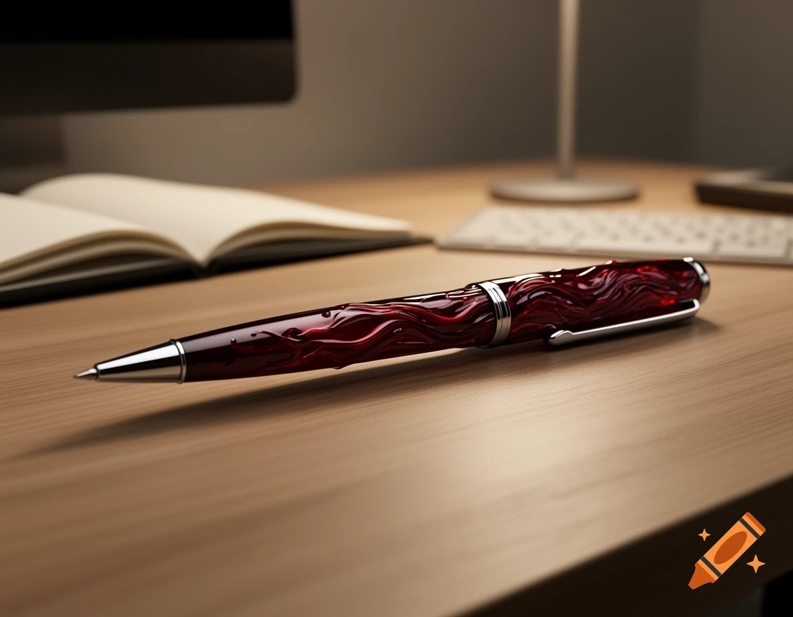A dark red, ornate pen with a blood-like, wavy pattern lies on a wooden desk, with a blurred notebook and keyboard in the background.