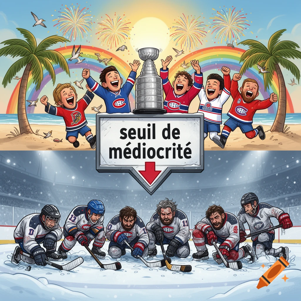Humorous split image: cartoon hockey fans celebrate on a beach above a sign pointing to sad, beaten hockey players on an ice rink.