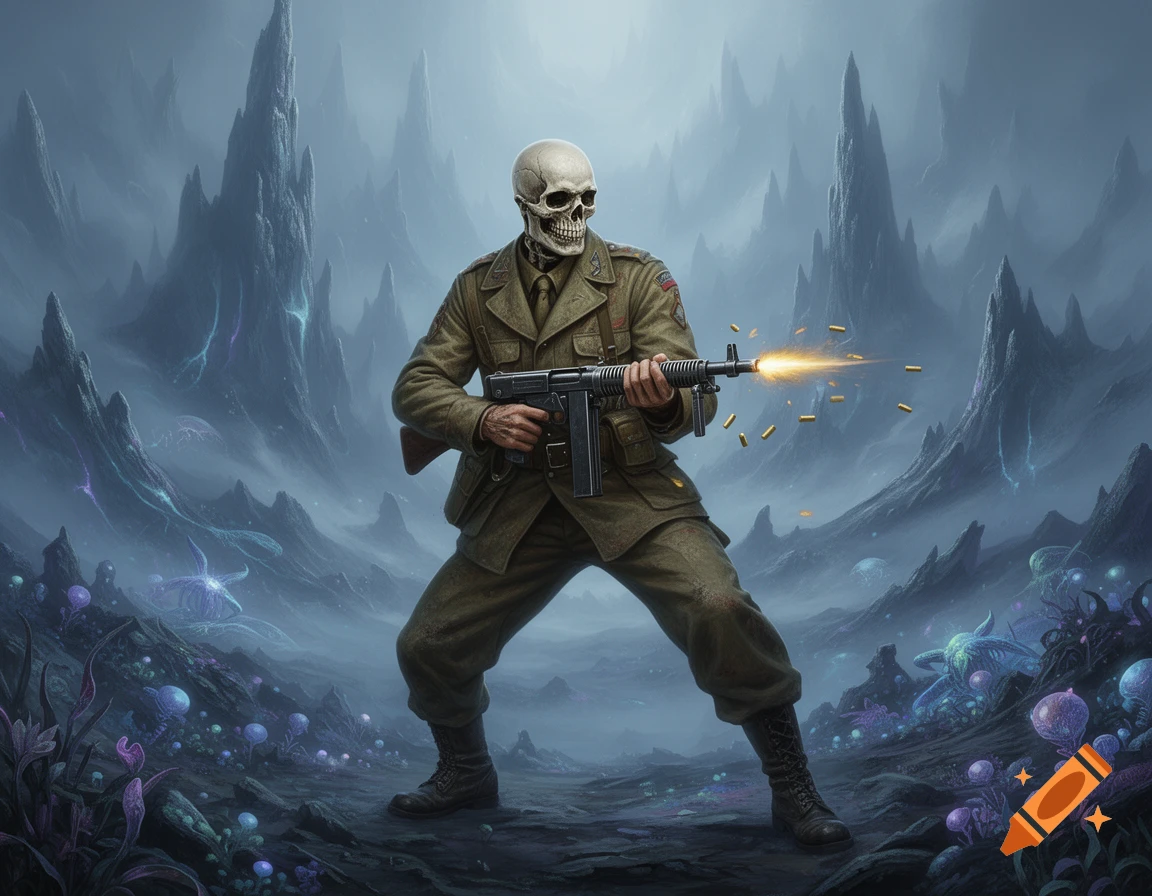 A skeleton soldier in 1940s fatigues fires a submachine gun in a misty alien landscape with spiky mountains and glowing flora.