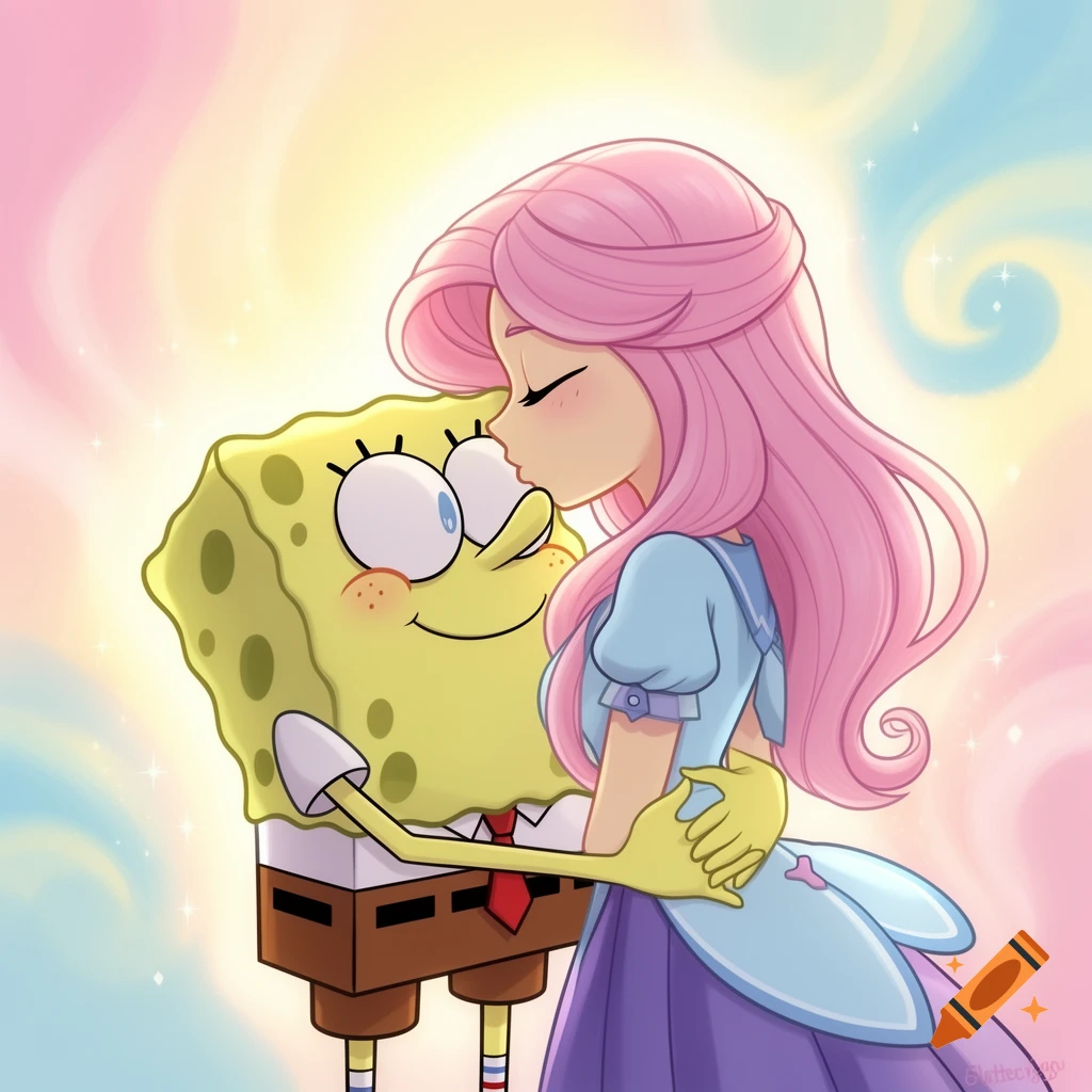 Spongebob Squarepants and Fluttershy from My Little Pony, in Equestria Girl form, embracing with closed eyes and Spongebob getting a kiss on the cheek, against a colorful, sparkling background in an anime style.
