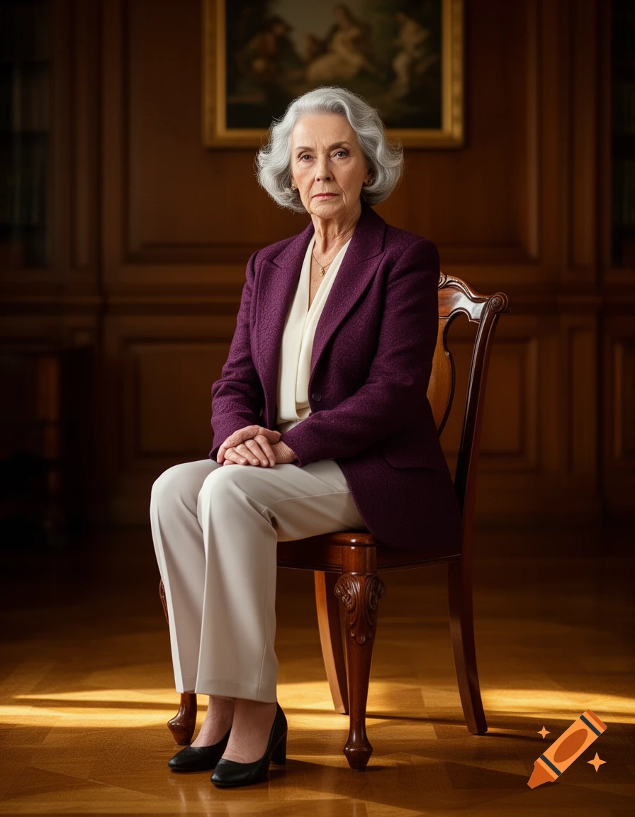 A stern older woman with grey wavy hair, in a purple blazer, sits formally on a wooden chair in a wood-paneled room.