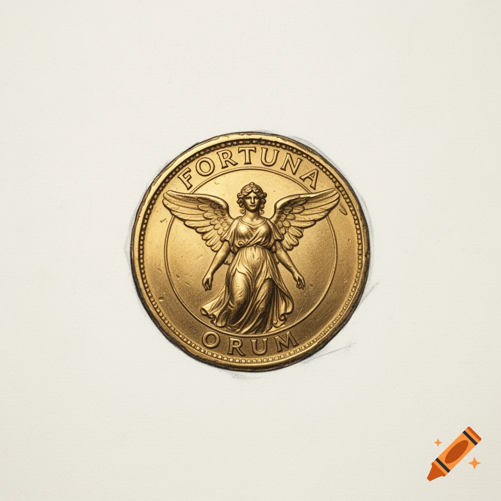 A gold coin with a winged goddess figure, similar to Nike or Victoria, embossed in the center. The word FORTUNA is along the top edge and ORUM along the bottom.
