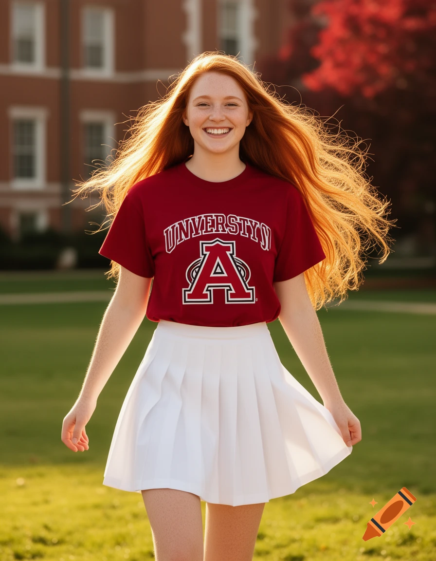 A smiling young woman with long red hair, wearing a red t-shirt with a university logo and a white pleated skirt, stands on a sunny campus lawn.