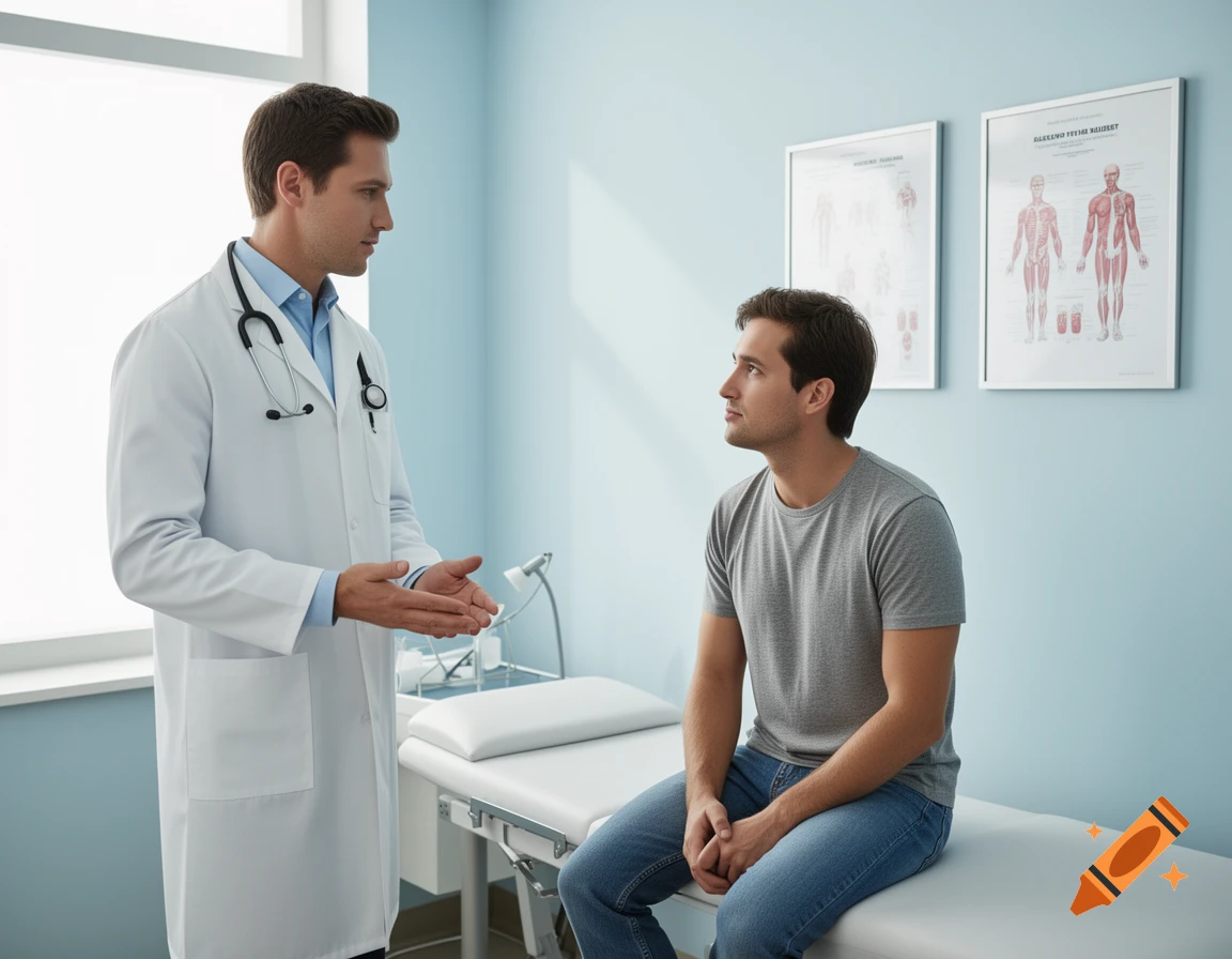 A male doctor in a white coat talks to a male patient sitting on an examination table in a light blue room.