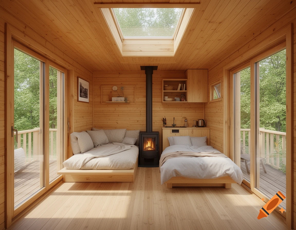 Photorealistic interior of a cozy, wood-paneled tiny house with a skylight, sliding glass doors to a forest, a wood stove, sofa, bed, and a small kitchen.