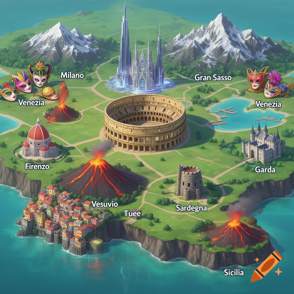 An isometric, vibrant, game-style map of Italy featuring landmarks like the Colosseum, Duomo, volcanoes, mountains, and castles, with text labels.