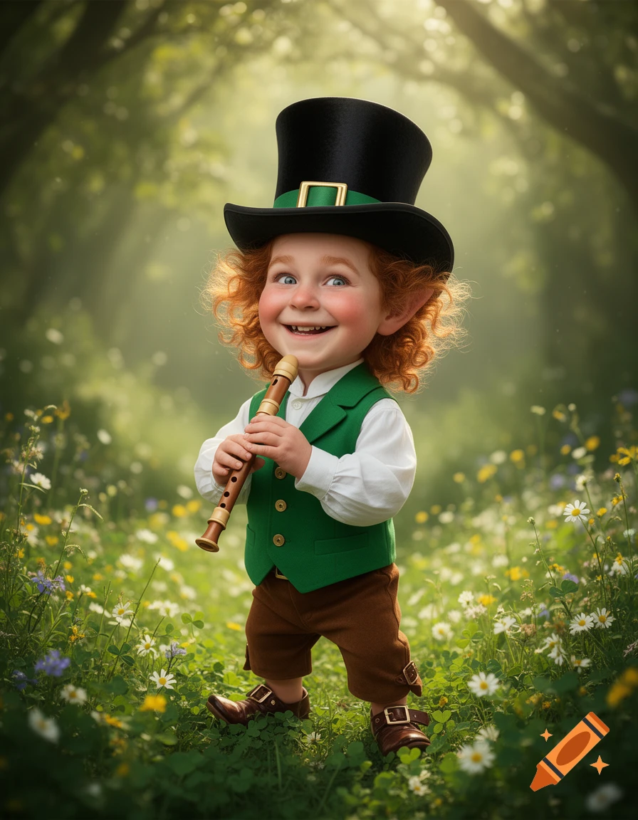 A smiling, red-haired leprechaun-like child in a green vest plays a recorder in an enchanted forest filled with wildflowers.