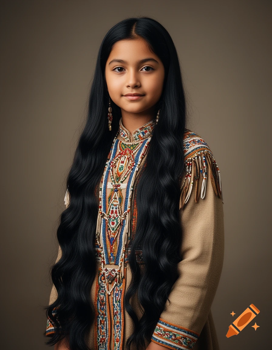 A young girl with long black hair wears a traditional beige dress adorned with colorful beading, looking forward.