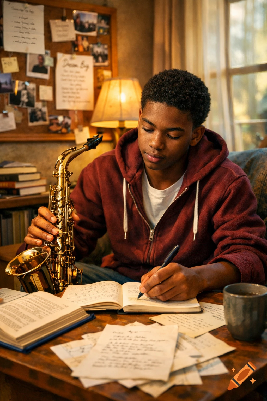 A Black teenager with a saxophone sits at a desk, writing in a notebook in a cozy, sunlit room.