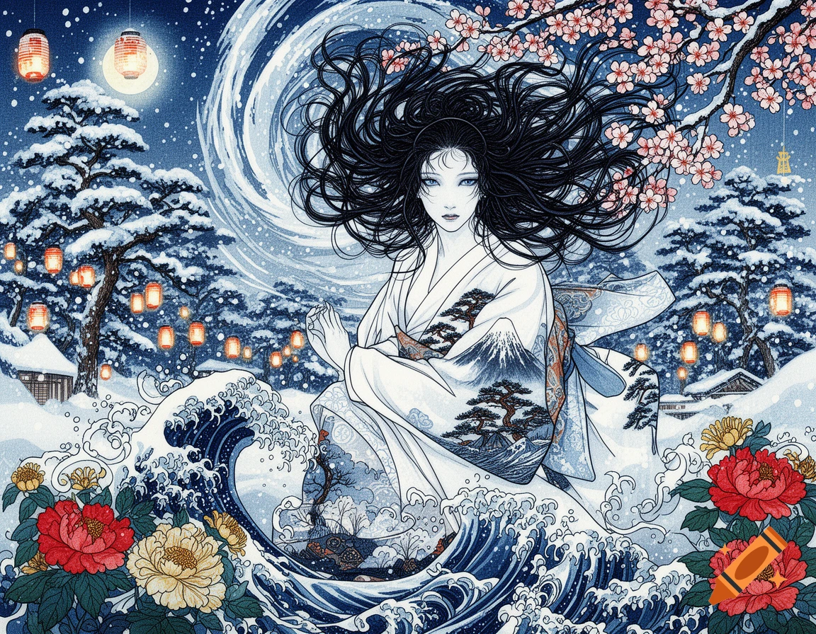 A Yuki-onna with long black hair emerges from swirling snow, wearing a white kimono with ukiyo-e patterns, set in a winter landscape with lanterns, snow-covered pines, cherry blossoms, and large peonies, in a Japanese woodblock style.