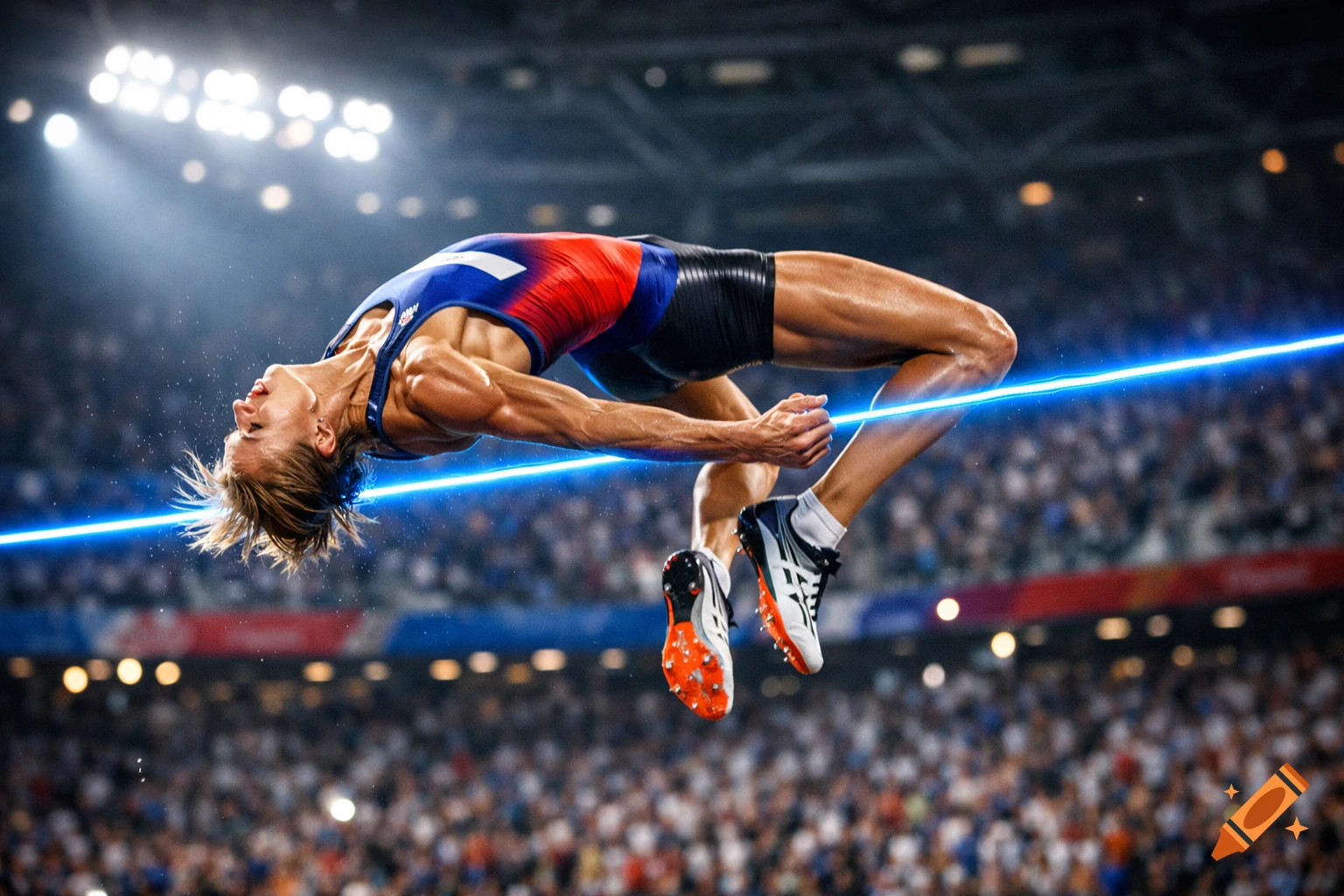 Muscular high jumper arches over a glowing blue bar in a stadium, mid-jump, during a world record attempt, photorealistic.