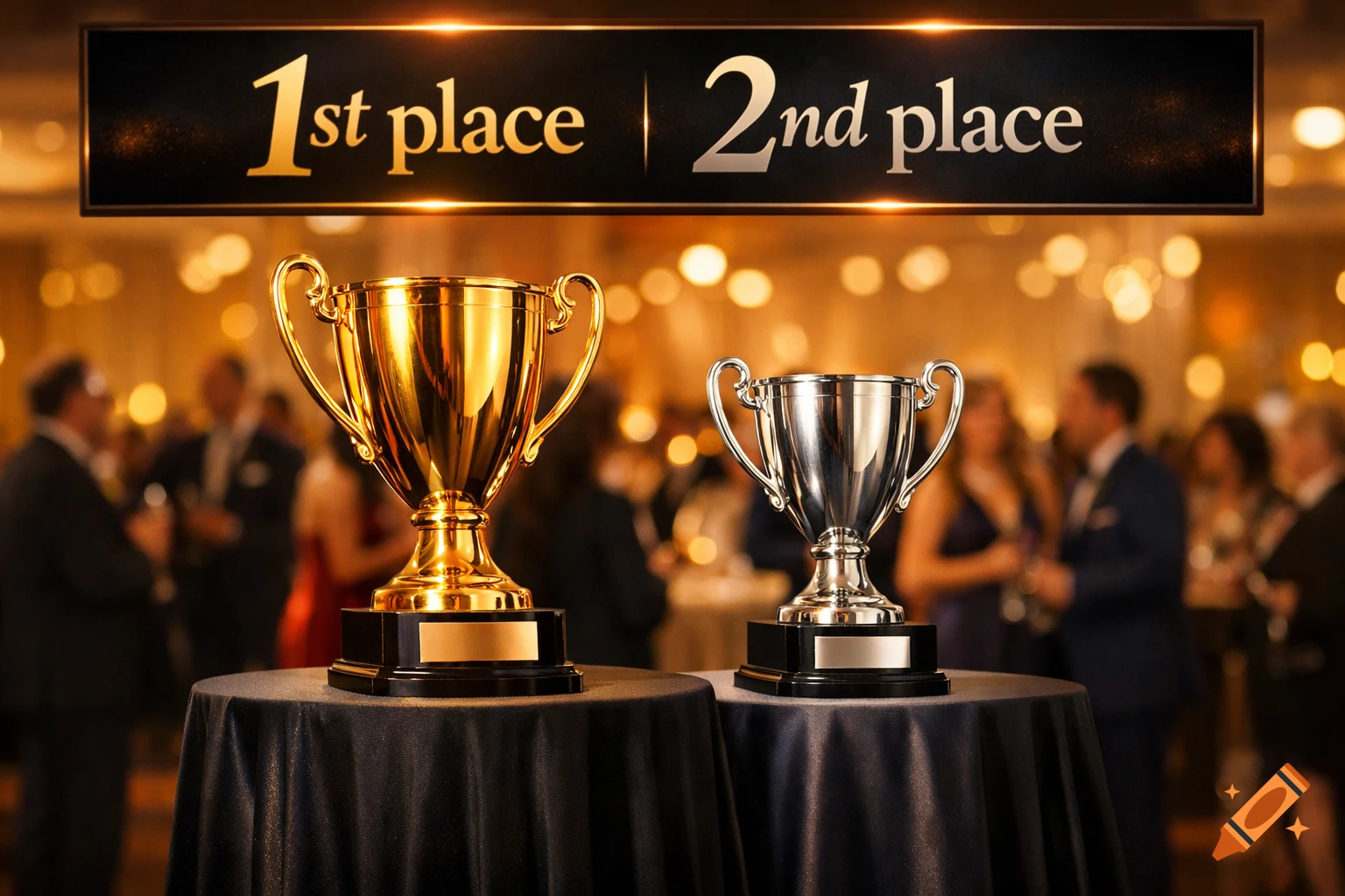 A gold trophy and a silver trophy on tables under a banner saying '1st place 2nd place' at a blurry event.