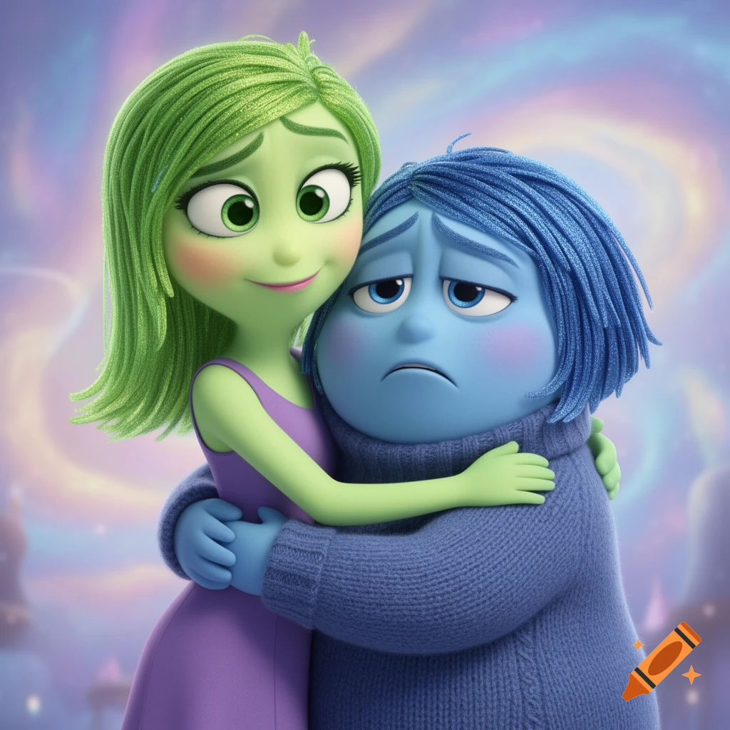 Disgust and Sadness from Inside Out embrace in a comforting hug, depicted in a vibrant animated style.