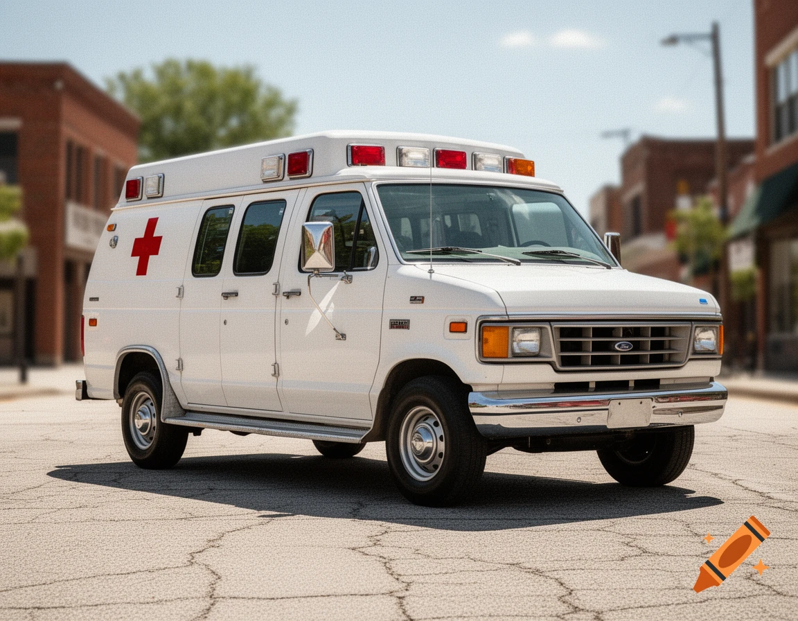 A white 1992 Ford ambulance with a red cross on its side, parked on a street under a clear sky.