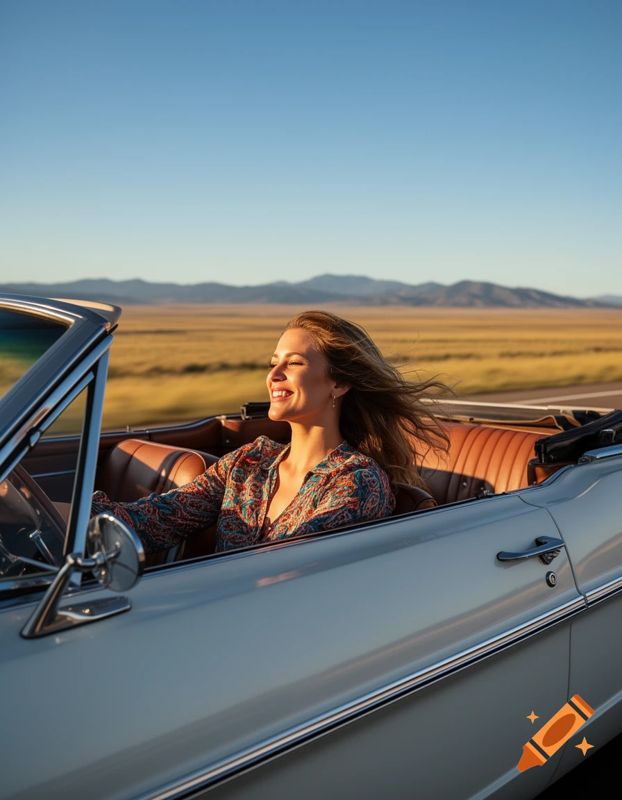 A smiling woman with windblown hair drives a vintage white convertible car on a sunny road trip, with plains and mountains behind her.