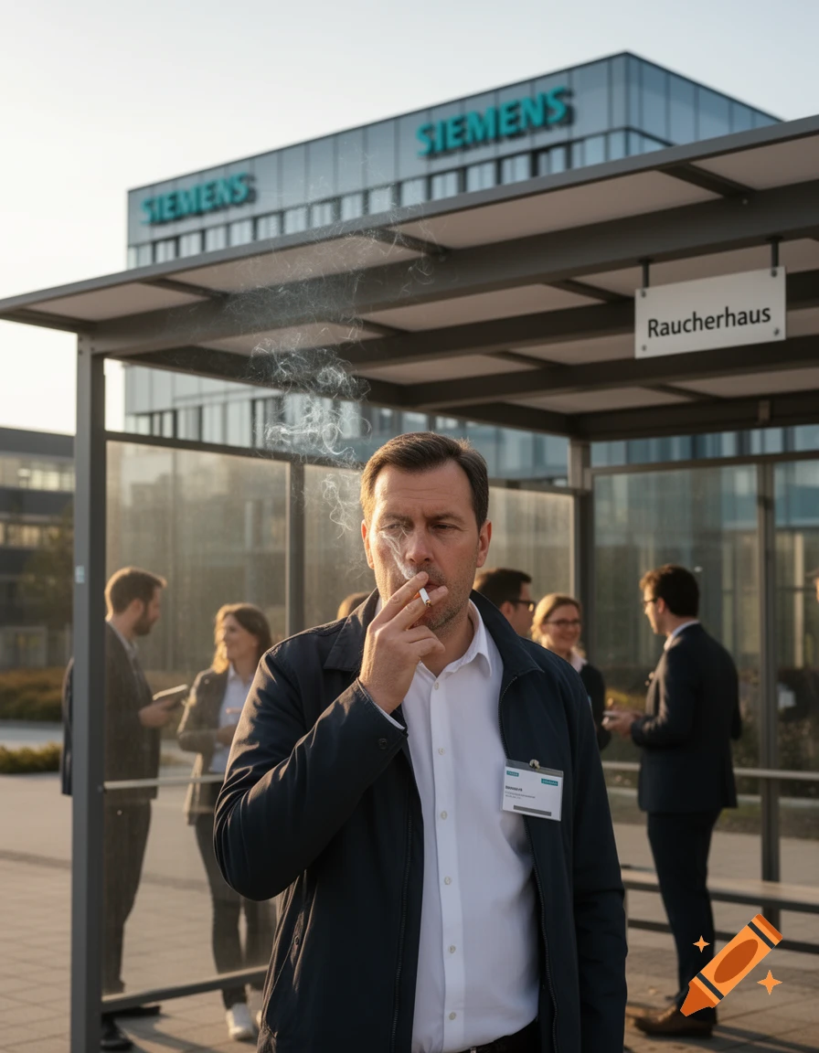 A man smokes a cigarette at a 'Raucherhaus' (smoking shelter) outside a Siemens building, with people in the background. Photorealistic.