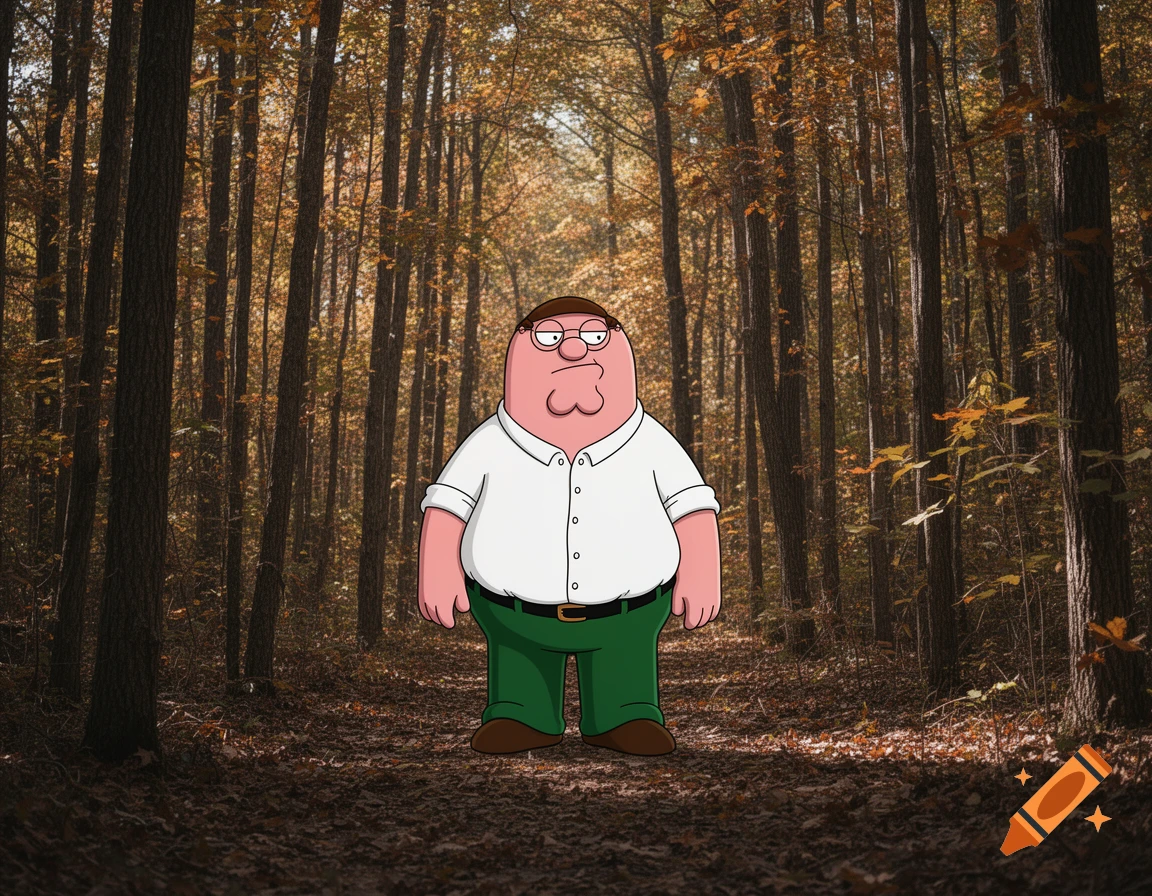 Peter Griffin, wearing a white shirt and green pants, stands on a trail in a dense autumn forest.