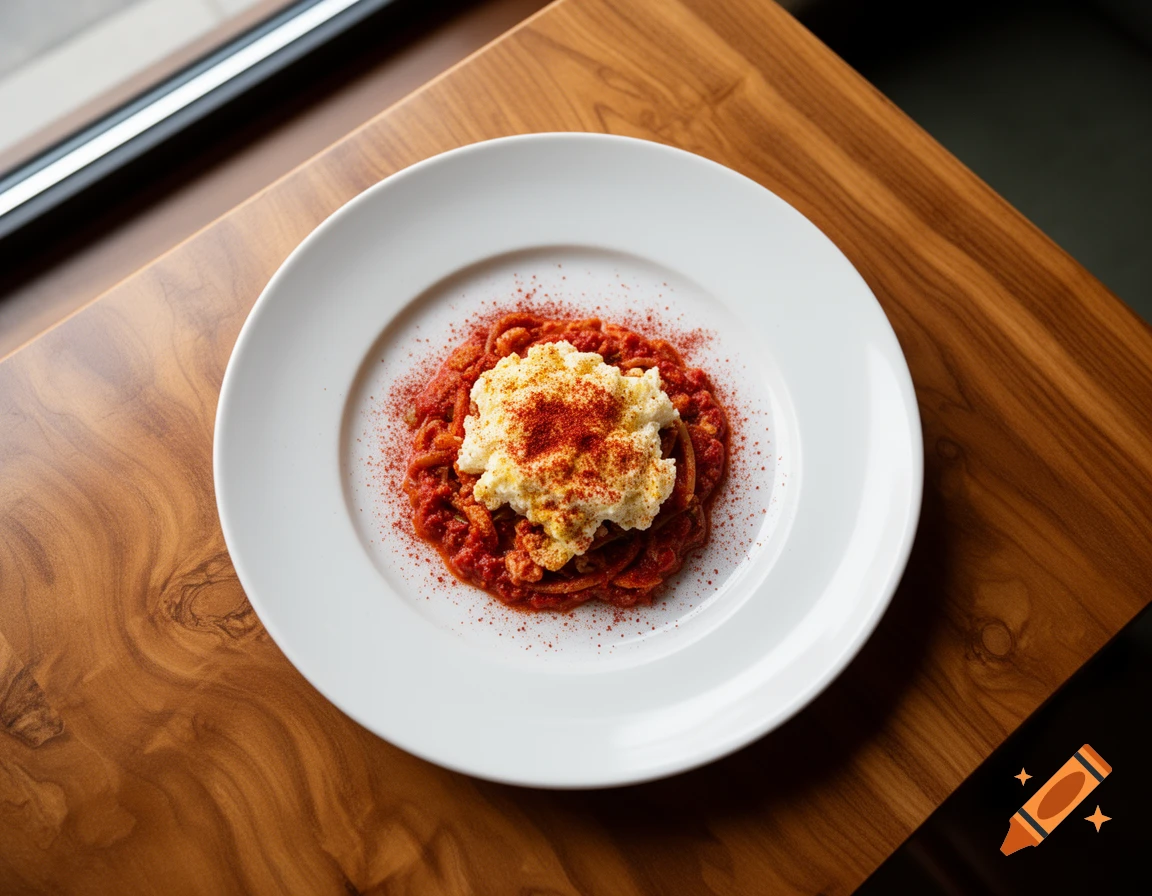 An overhead shot of a plate of pasta with red sauce, topped with white cheese and sprinkled with red spices, on a wooden table.