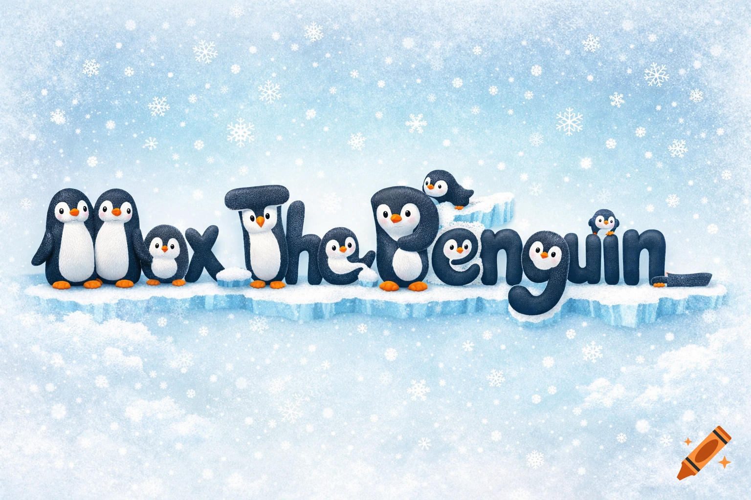Cartoon penguins form the text 'Max The Penguin' on ice floes, with snowflakes falling on a light blue background.