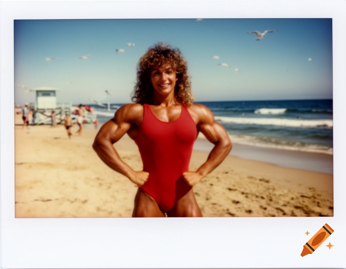 A muscular female bodybuilder in a red lifeguard suit poses on a sunny beach, in a vintage Polaroid style photo.