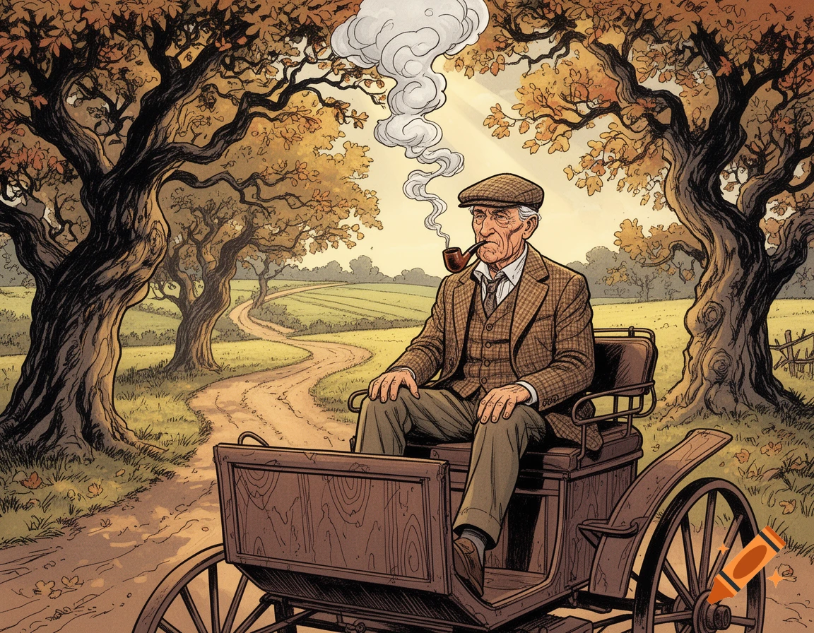A comic-style illustration of an old coachman in a vintage carriage, smoking a pipe on a dirt road through autumn trees.