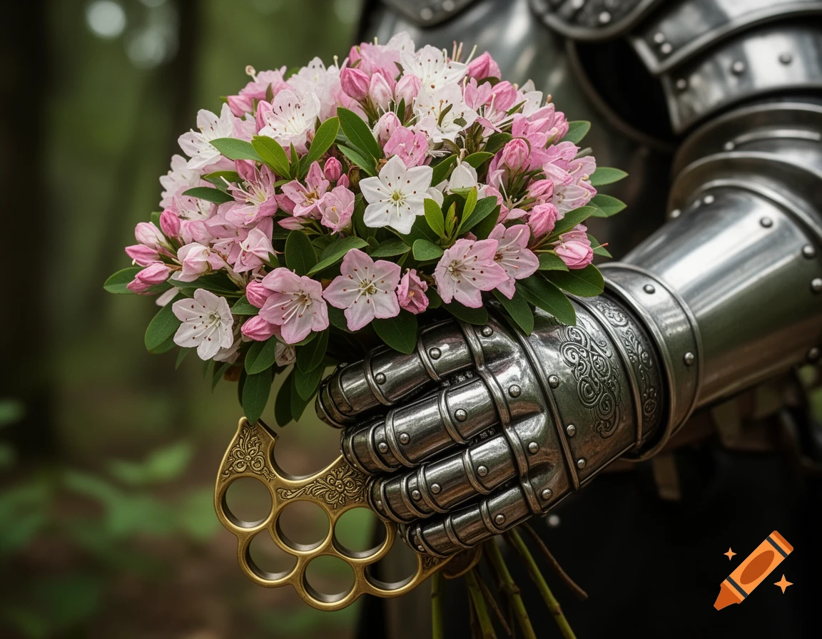 A knight's armored gauntlet holds a bouquet of pink and white mountain laurel, with golden engraved brass knuckles held below.