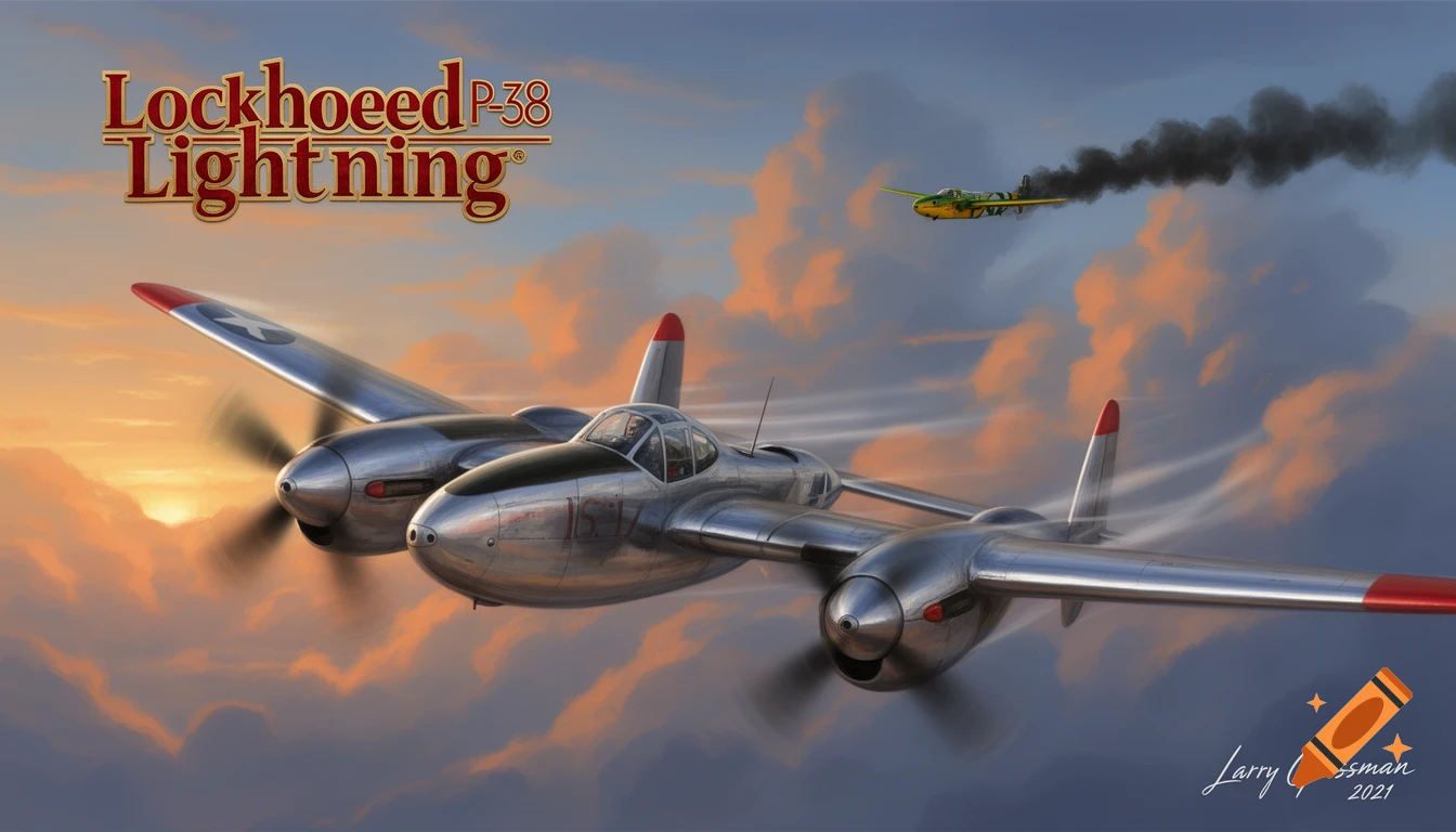 A Lockheed P-38 Lightning fighter plane in a shiny silver finish flies through a cloudy sunset sky, with a yellow and green plane trailing smoke in the background, in an illustrative style.