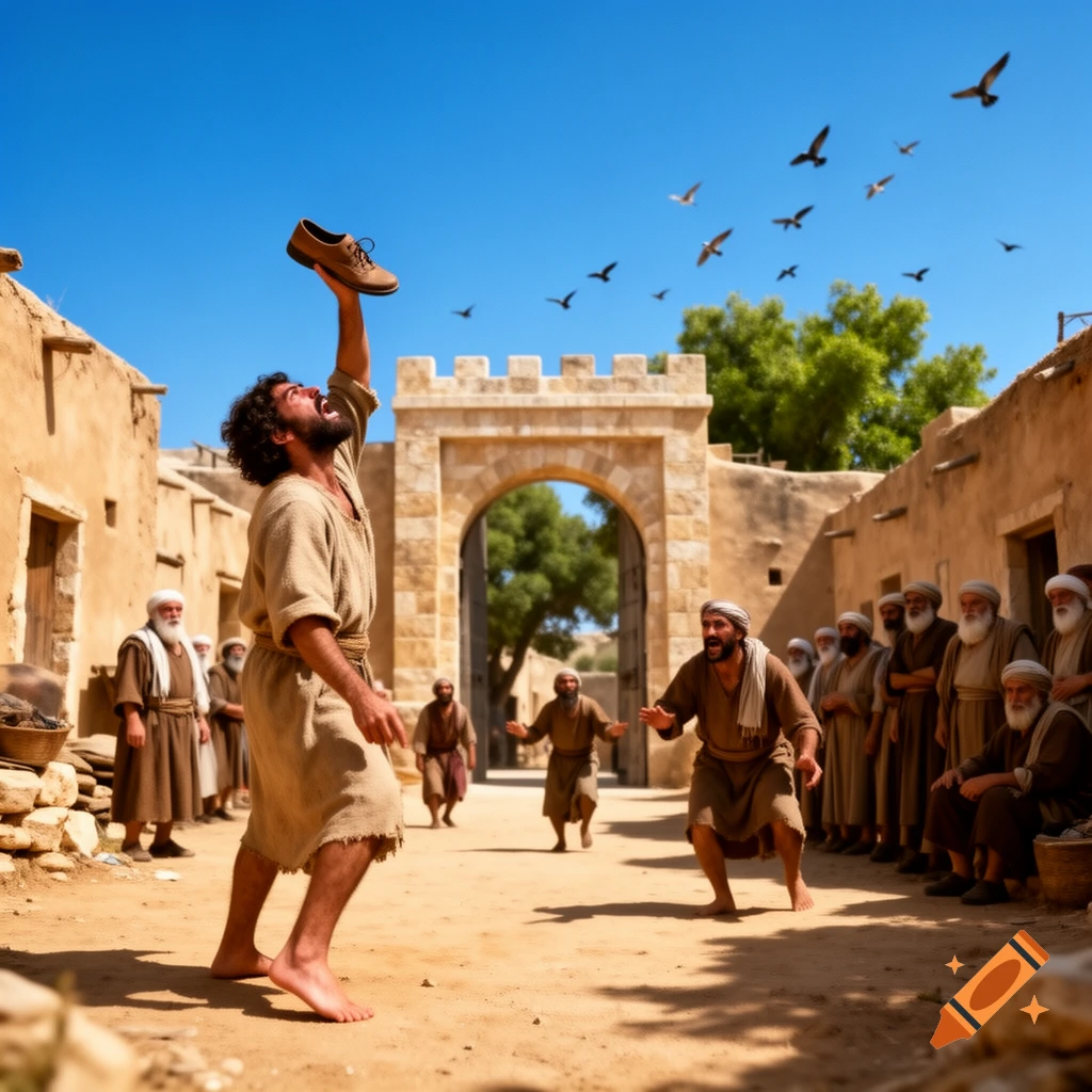 A man in ancient Middle Eastern attire raises a shoe triumphantly in a bustling town square, watched by onlookers under a bright blue sky.