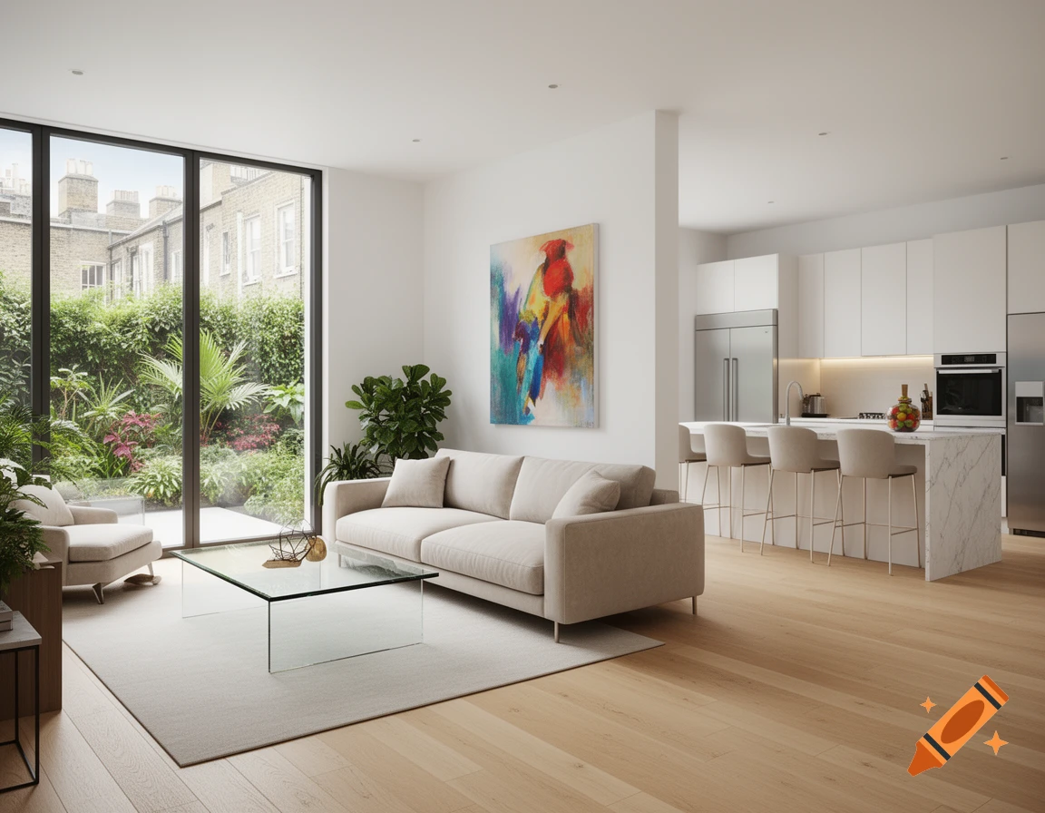 Photorealistic image of a modern open-plan living room and kitchen with a large window and green garden.