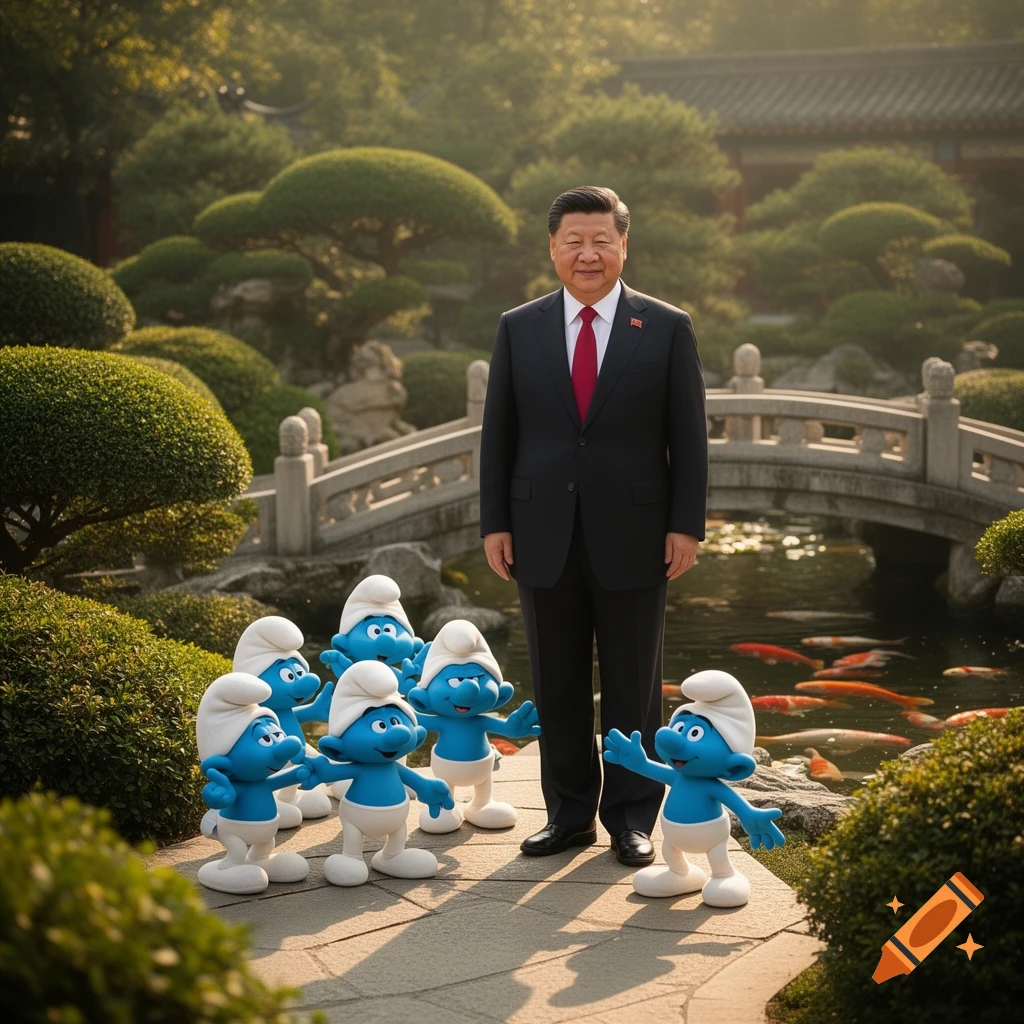 Chinese President Xi Jinping stands with several Smurf characters in a traditional garden with a pond and bridge.