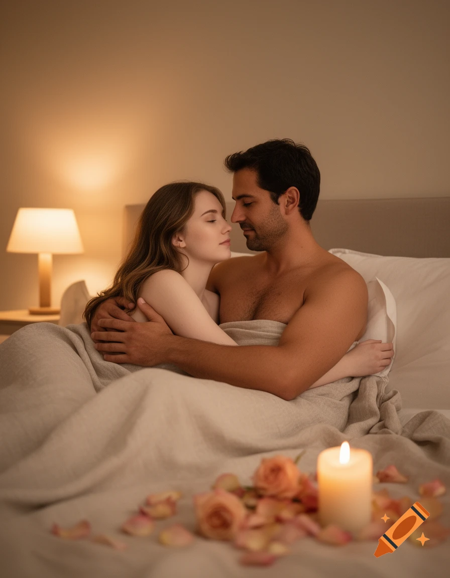 A photorealistic image of a couple embracing intimately in bed with warm lighting, a candle, and rose petals.