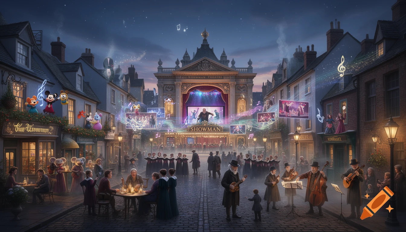 A magical, bustling town street at dusk, combining Dickensian architecture with Disney characters and musical projections, centered around a Showman Theatre with a stage performance.