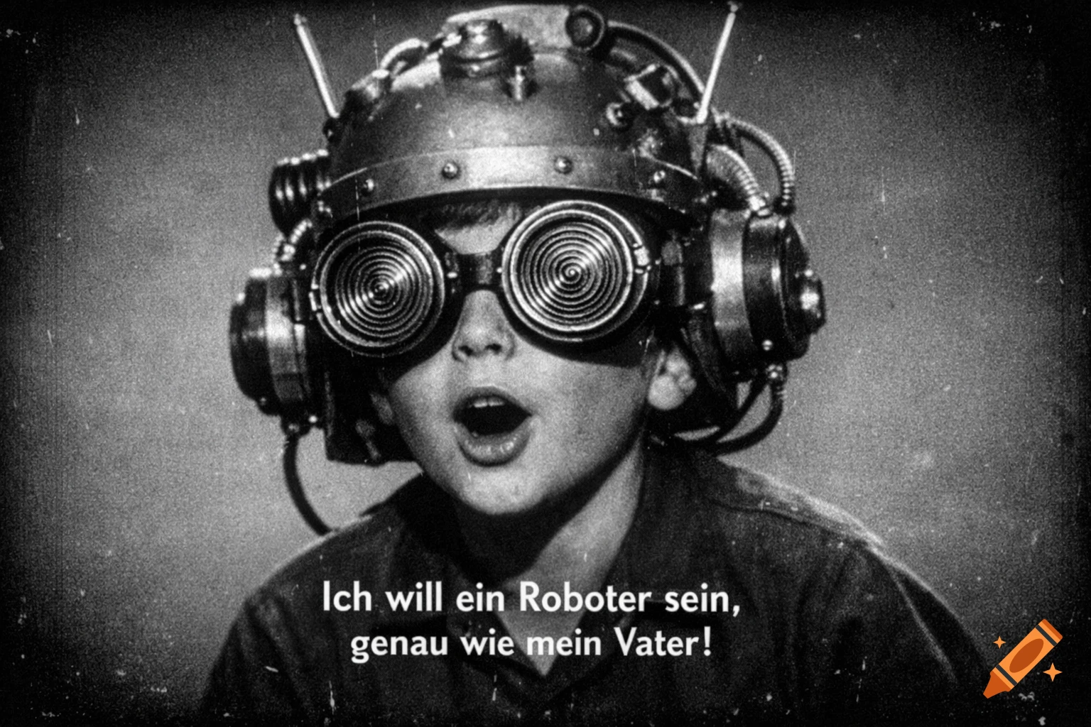 Black and white image of a young boy wearing an oversized, retro-futuristic metal helmet and goggles with spiral lenses, with text below.