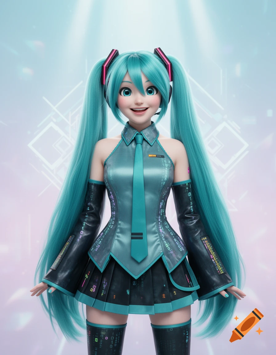 A 3D render of a smiling Hatsune Miku with long teal pigtails, wearing a futuristic teal and black outfit with digital patterns.