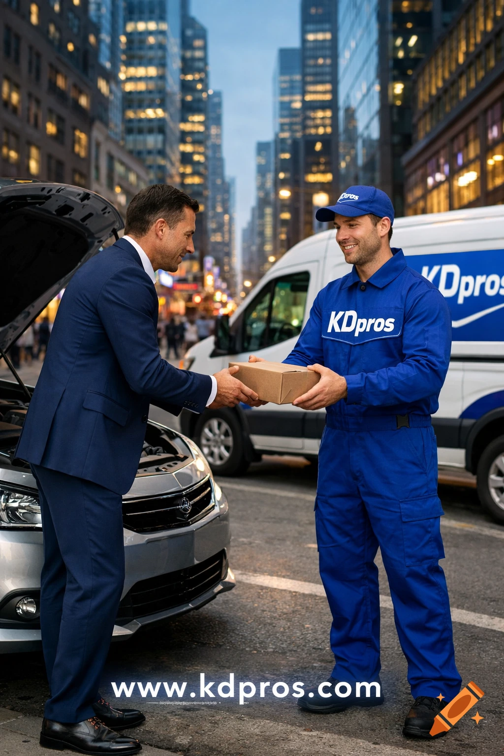 A man in a suit receives a package from a delivery man in a blue uniform next to an open car hood on a city street, a KDpros van behind them.